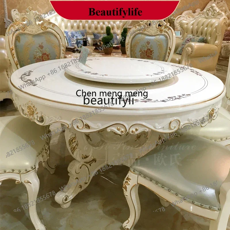 z183  French round dining table solid wood piano paint table pearl white belt turntable dining table