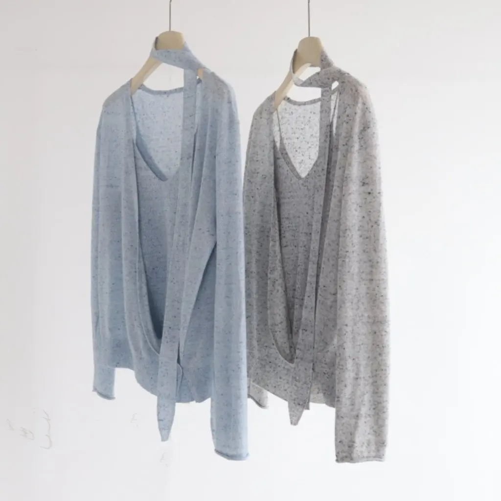 

Новый осенний комплект из трех предметов без бретелек с крестом и открытой спиной, с длинными рукавами, льняной жилет с атмосферным поясом, кардиган для женщин