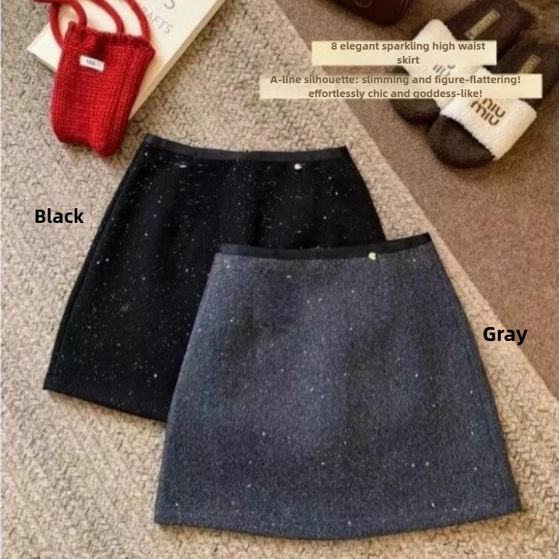

Little Girl's Vintage-Style Sequined A-Line Skirt Girls' Winter Thickened Woolen Skirt Fashionable and Versatile Bodycon Style