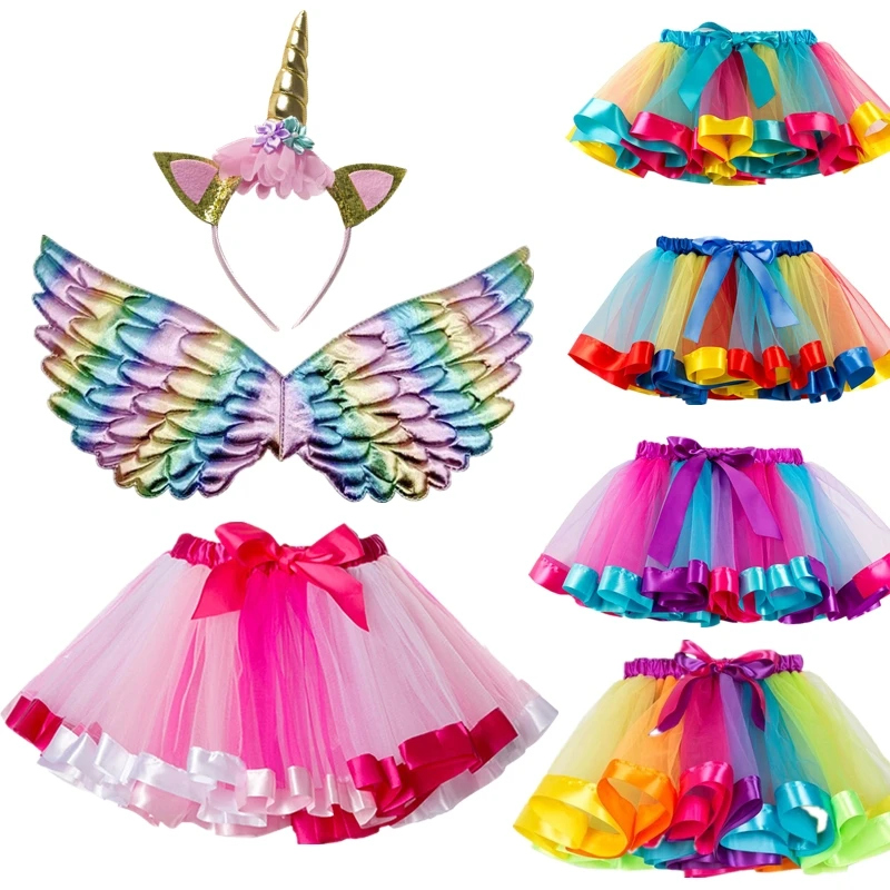 Girl Birthday Party Costume Unicorn Horn Headband Cute Fairy Wing and Sparkle Tutu Skirt Set for Princess Cosplay Outfits