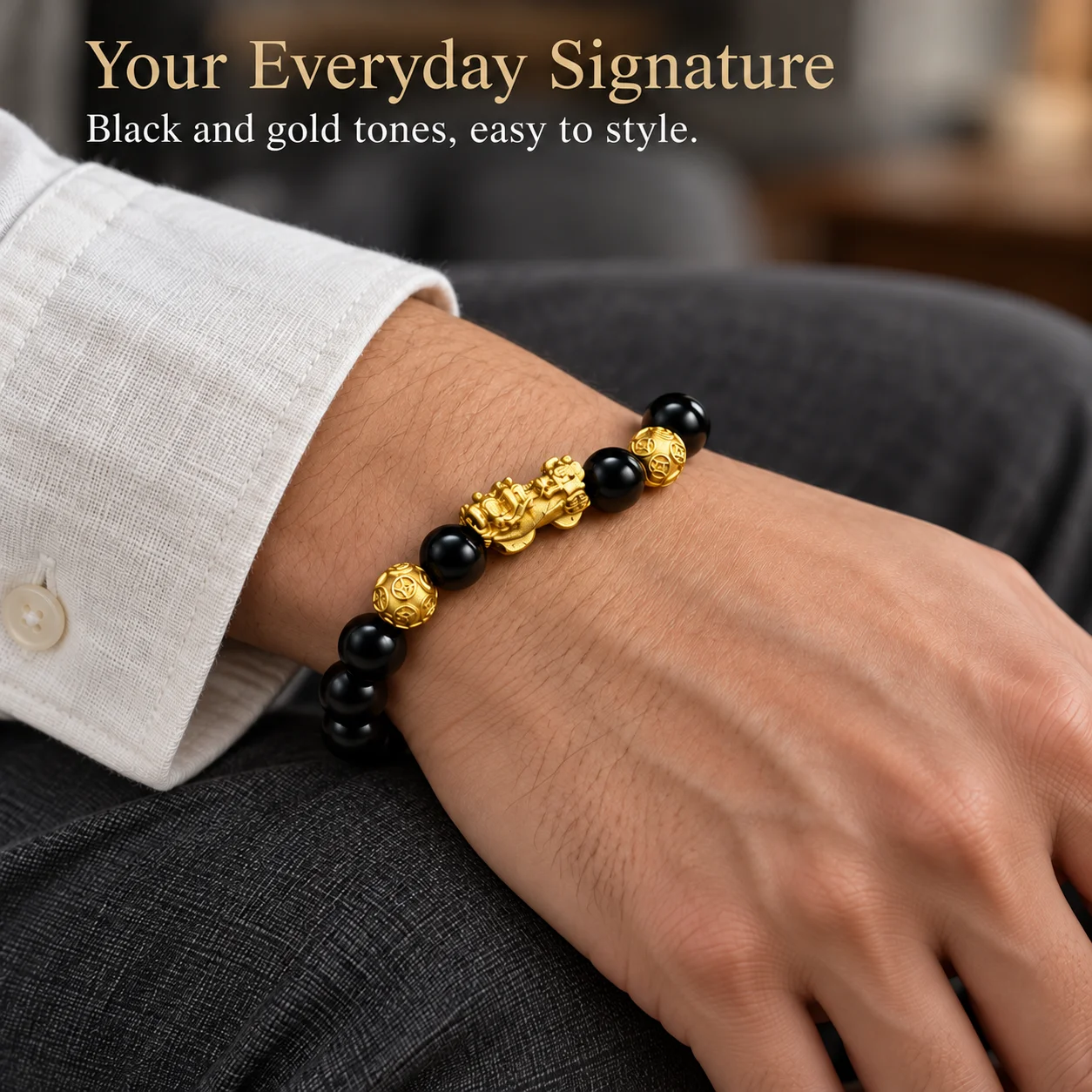 Pixiu Black Obsidian Bracelet for Men Women, Gold Plated Feng Shui Charm, Wealth Protection Good Luck Jewelry Gift