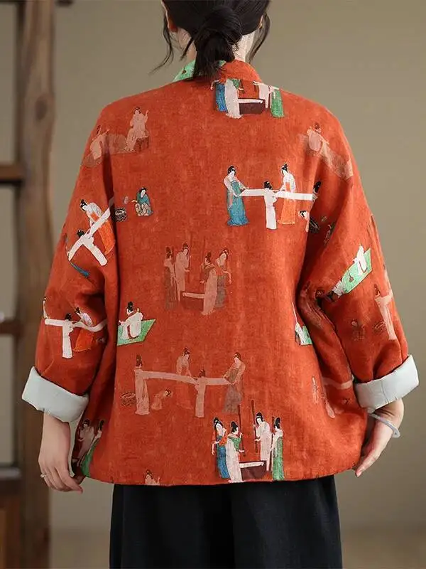 الصينية الوقوف طوق مطبوعة القطن Jaet مزدوجة الصدر زر احتفالي السنة الجديدة الأكل الملابس معطف المرأة