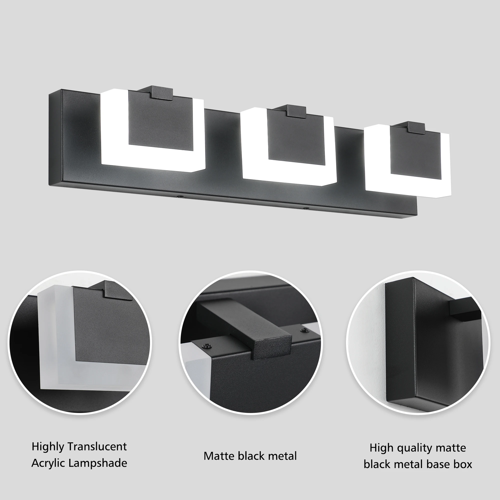 

Modern 3/4-Light Dimmable LED Vanity Light, Acrylic & Metal Construction, Hardwired Installation, Bathroom Mirror Lighting