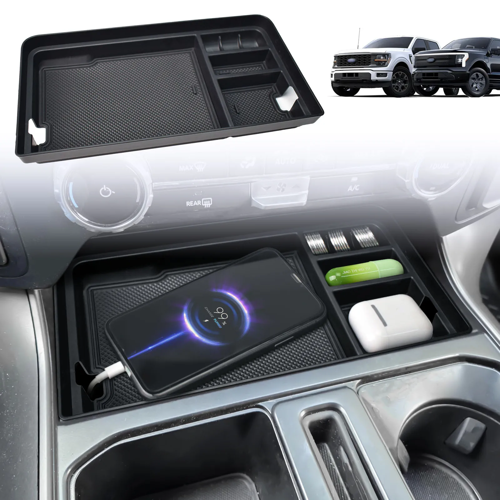 

Front Center Console Storage Box for 2021-2025 Ford F150 & 2022-2024 F150 Lightning XLT Middle Console Organizer Shifter Tray