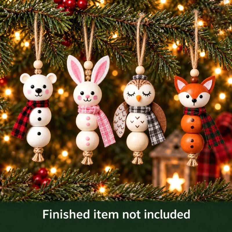DIY 4 Christmas Hanging Decorations with a Wooden Craft Set, Figure Accessories, and Strings for Displaying Each 15UB