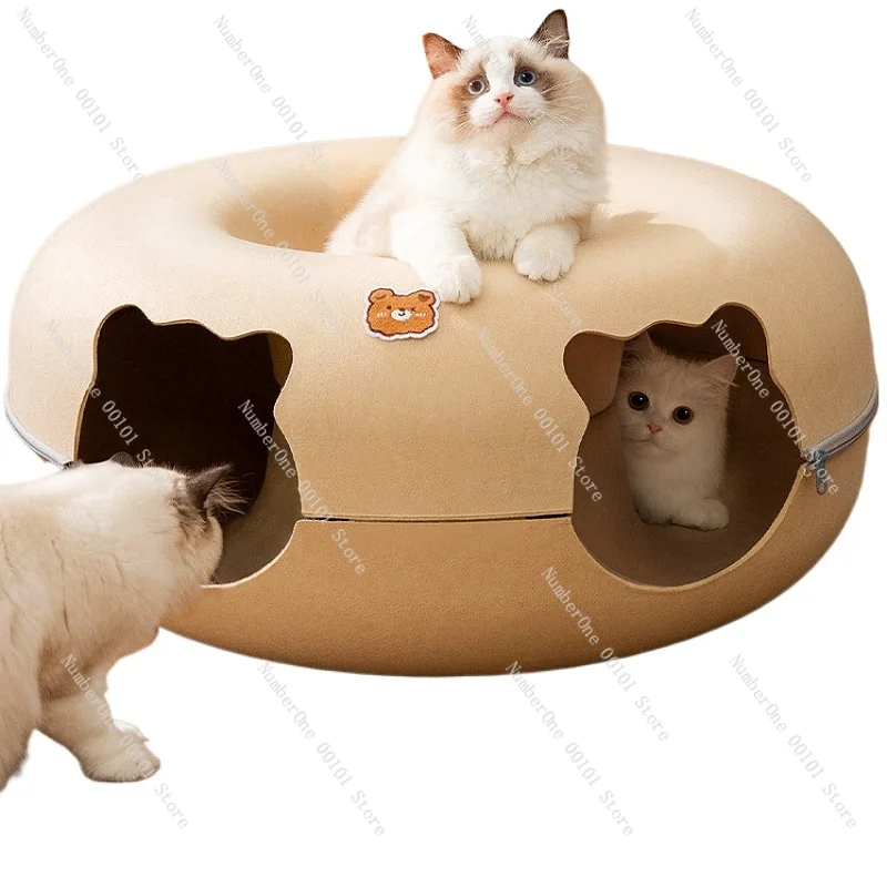 Cute Cartoon Shaped Interactive Toy for Cats House Felt Tunnel Cave Beds Removable Donut with Zipper Nest Basket Kitten Supplies