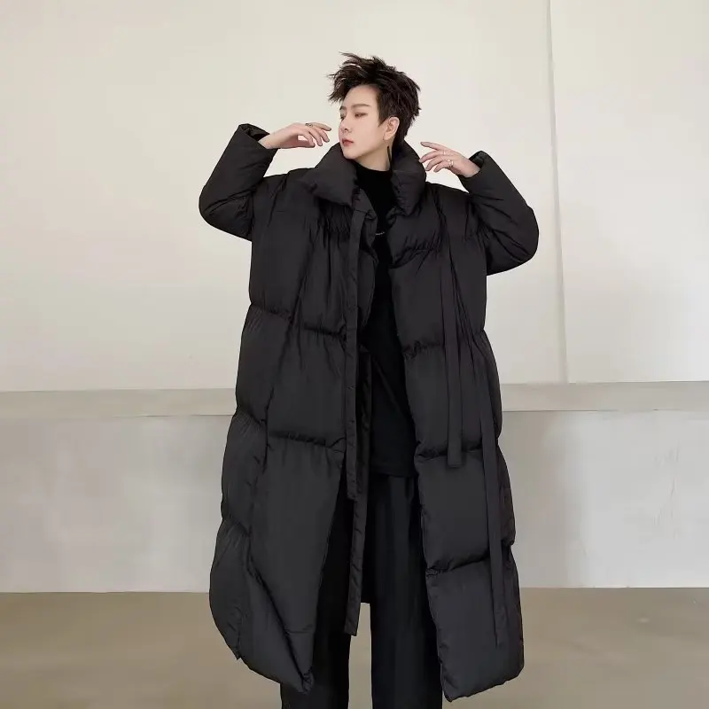 Parkas lisas para hombre, abrigo holgado de invierno a media pantorrilla, bonito temperamento con cordones, ropa de calle holgada Popular avanzada a prueba de viento