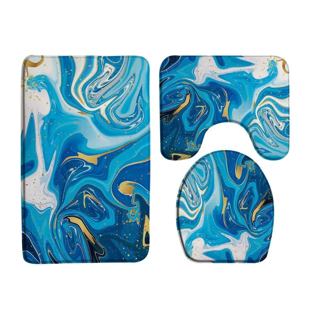 Abstract Blue Marble  Bath Mat Sets Gold Line Ink Texture Art Modern Luxury Carpet Bathroom Flannel Floor Rugs Toilet Lid Cover