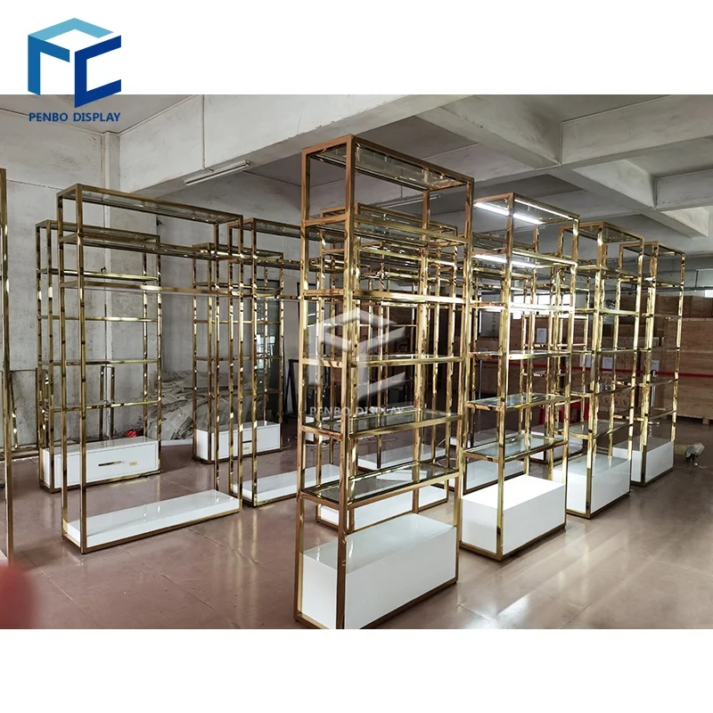 Custom , High Quality Gold Display Shelf Furniture Stand Design for Garment Store Clothing Display Rack