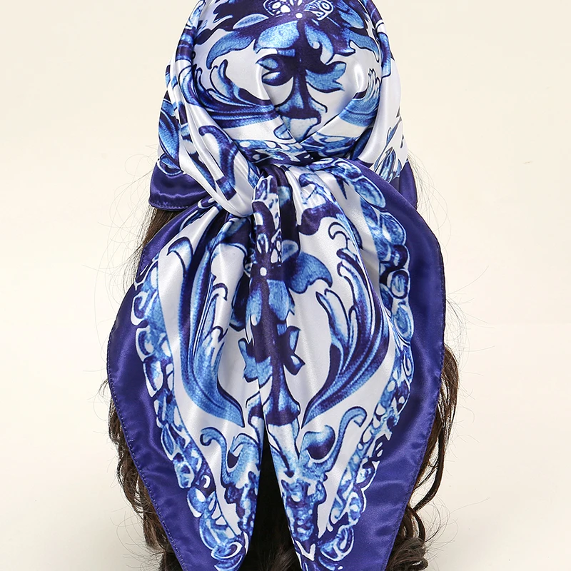 New Blue And White Porcelain Square Scarf Satin Silk Bandana Digital Printed Muslim Women Headscarf Ladies Casual Headband Scarf