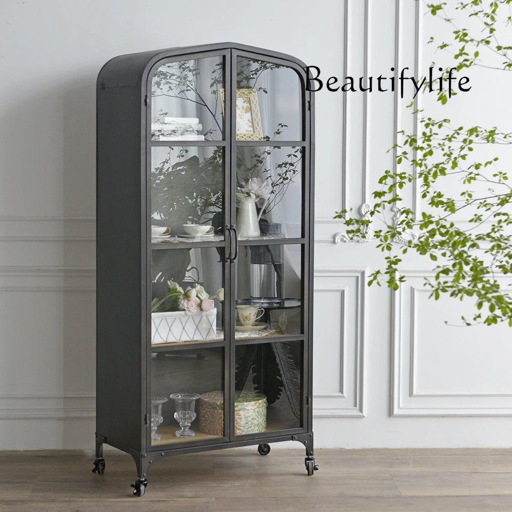 

Simple black wrought iron glass, living room, study, storage display side cabinet, figure storage display cabinet