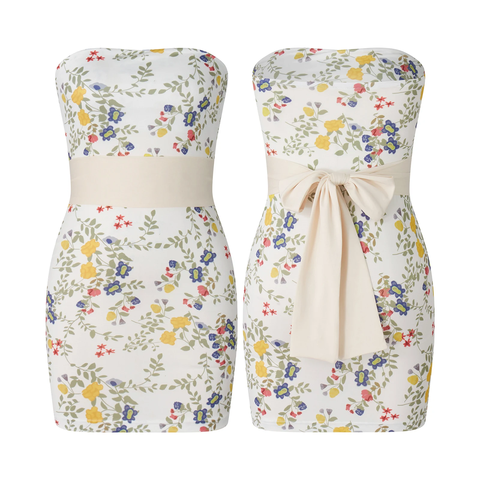 Mulheres sem alças estampa de flores sem encosto Bandagem Slim Fit Mini Vestido, verão Boho Beach Bodycon Vestidos, senhoras Alta Streetwear