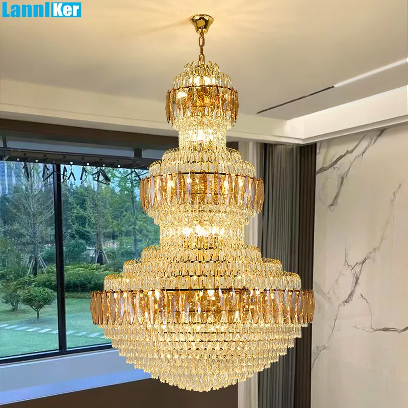 

European Luxury Pendant Lamp Villa Duplex Building Crystal Long Chandelier High-end Restaurant Lobby Sales Department Light