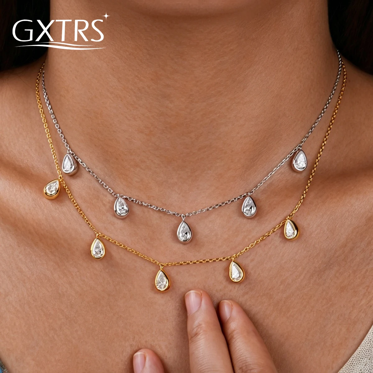 GXTRS 5CTTW Waterdrop Moissanite Pendant Necklaces For Women S925 Silver 5 Stone Bezel Set Neck Chains Wedding Fine Jewelry Gift