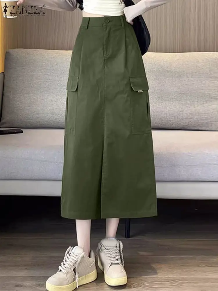 

ZANZEA Elegant Streetwear Skirts Woman Fashion Solid Color Skirt Vintage OL Work Dress Female Casual Side Pockets Vestidos 2024