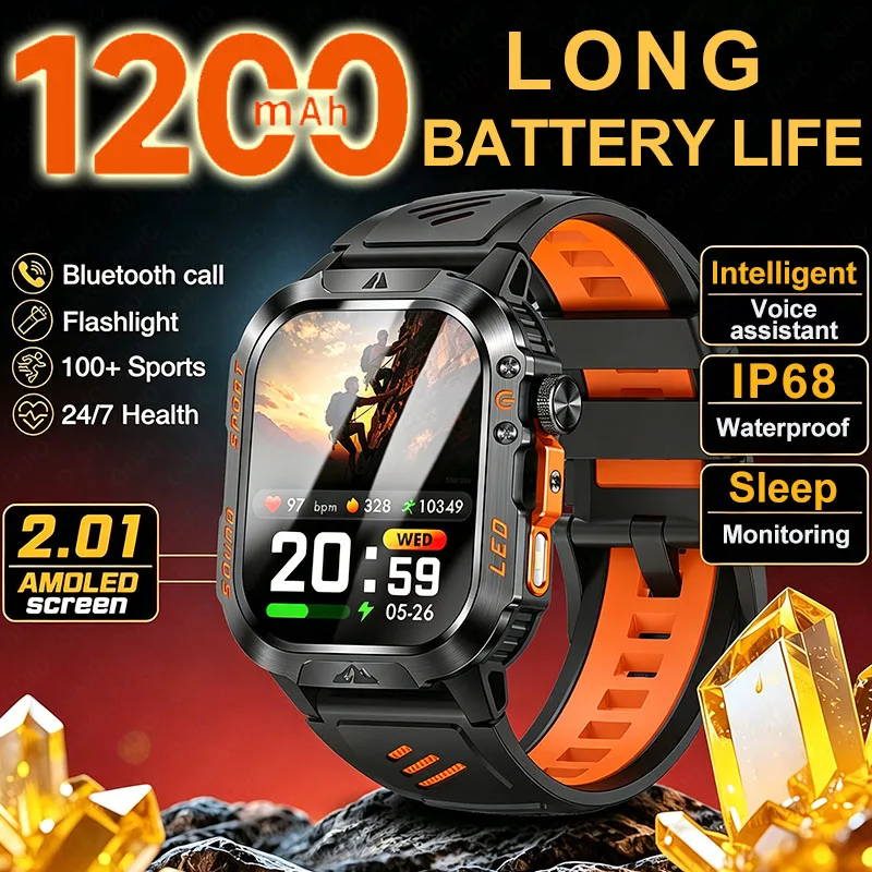 

2026 New 1200mAh Large Battery Men Smart Watch 2.01" Outdoor Flashlight IP68 Waterproof Health Monitoring BT Call Smart Watch