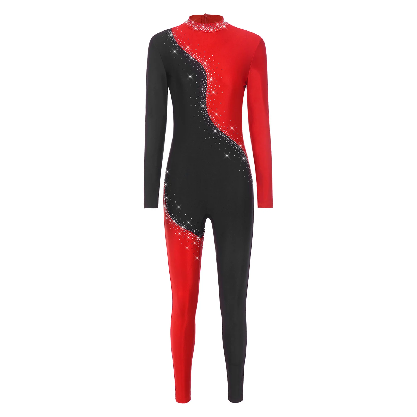 

Womens Figure Skating Unitard Color Block Rhinestone Long Sleeve Full Body Jumpsuit with Back Zipper for Jazz Gymnastics Dance