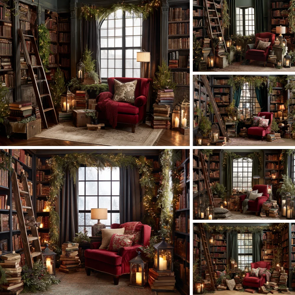 Vintage Library Xmas Backdrop Wooden Bookshelf Red Chair Window Candle Greenery Photo Background Cloth Family Studio Prop