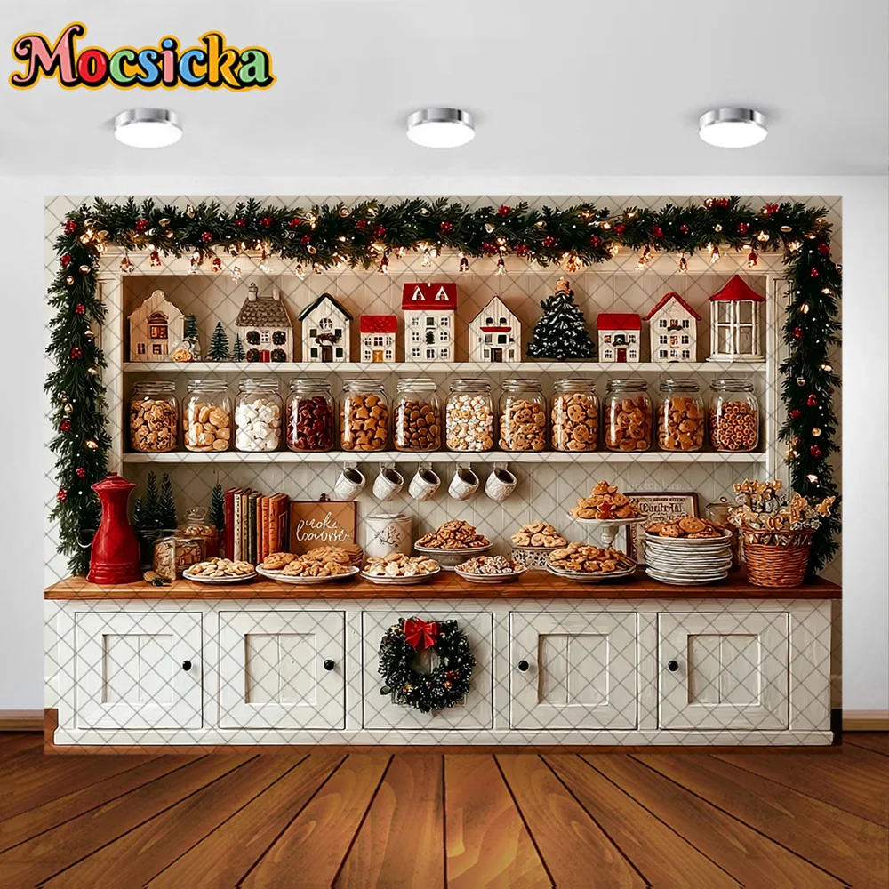 Mocsicka Kitchen Christmas Photography Backdrop White Cabinet Cookie Jar Gingerbread House Newborn Cake Smash Photo Background