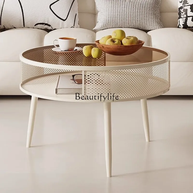 LJYC Cream Style Glass Round Small Coffee Table Light Luxury Simple Tea Table for Small Apartments