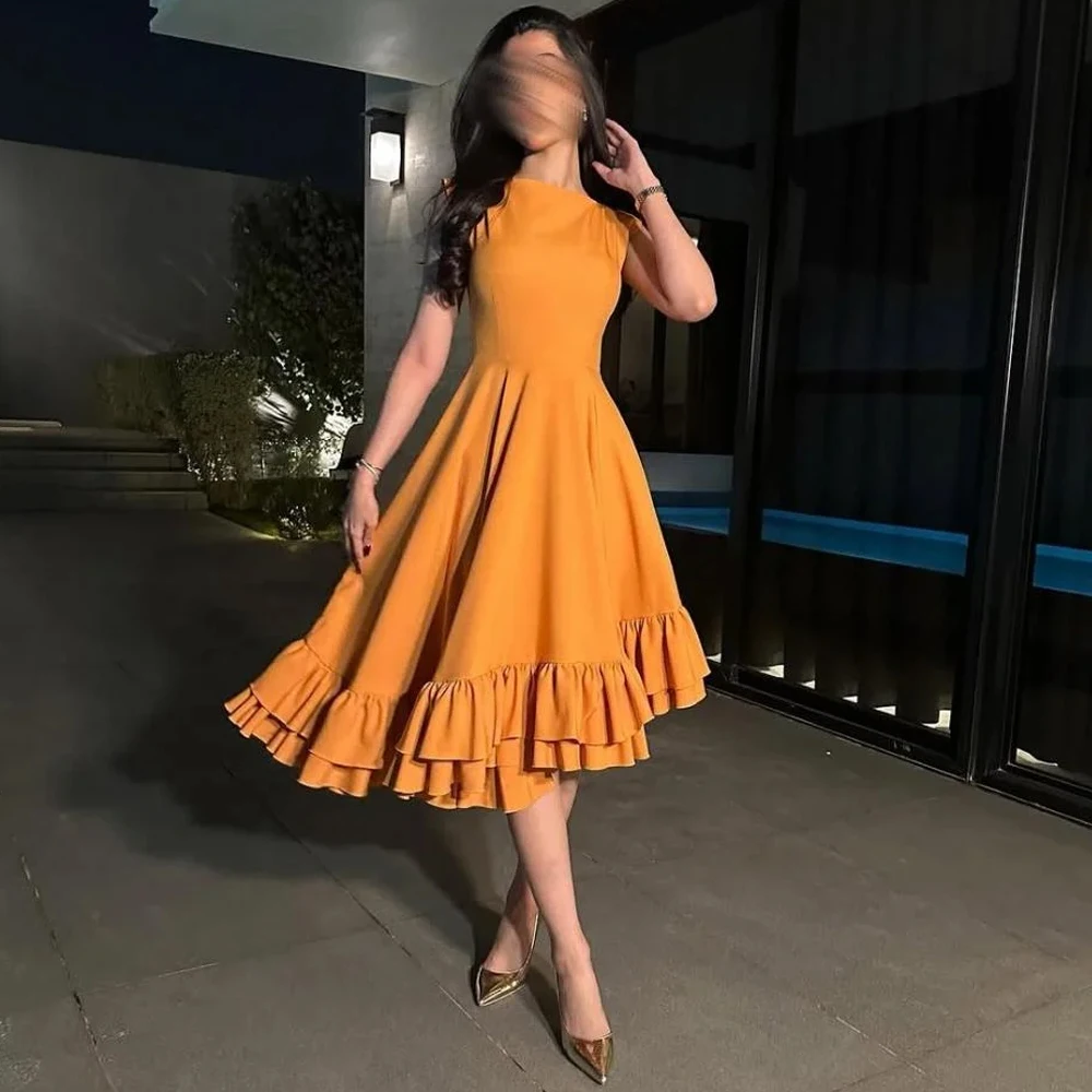 

Temperament Cap Sleeve Customized Evening Dresses Modern Orange Jersey Homecoming Dresses Asymmetrical Ruffles Celebrity Gowns
