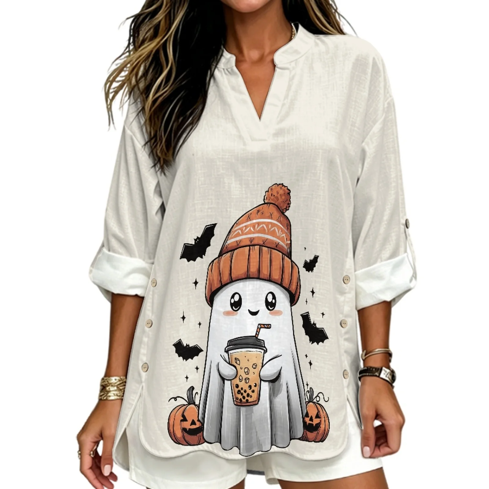 PENSTROLL Ghost Tea Time Linen Like Casual Blouses Loose V Neck Blouses for Women Sizes S-5XL