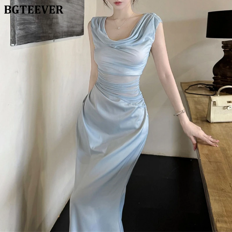 BGTEEVER スタイリッシュでシックなレディーススラッシュネックレースアップスキニードレスエレガントな夏スリムウエスト女性ノースリーブパッケージヒップサテンドレス