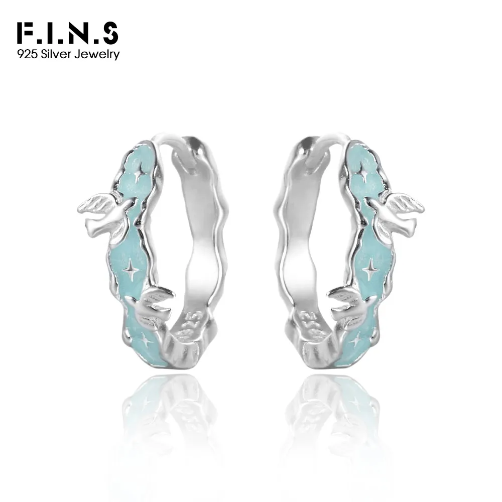 

F.I.N.S Original Galaxy Dream Series S925 Sterling Silver Bird Earrings Blue Drip Glue Piercing Irregular Geometric Hoop Jewelry