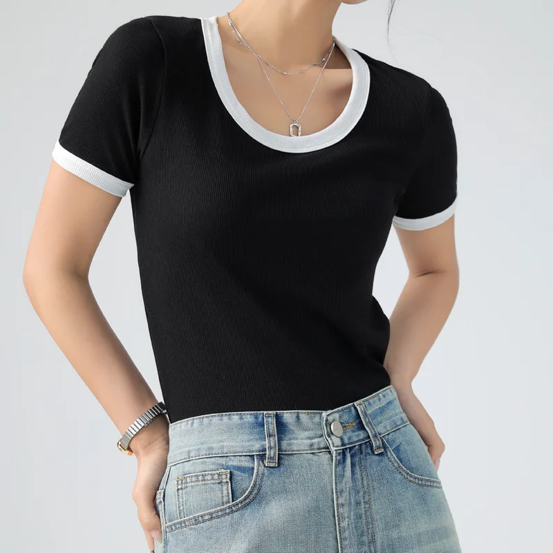 Summer Women\'s T-Shirts Ribbed Round Neck Short Sleeve Chic Korea Stylish Basic Bottom Trendy Tank Tops Knitting Camisole C4903