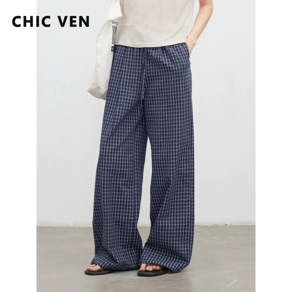 CHIC VEN New Women Pants Loose Causal High Waisted Drawstring Blue Checkered Straight Pant Female Wide Leg Trousers Summer 2026
