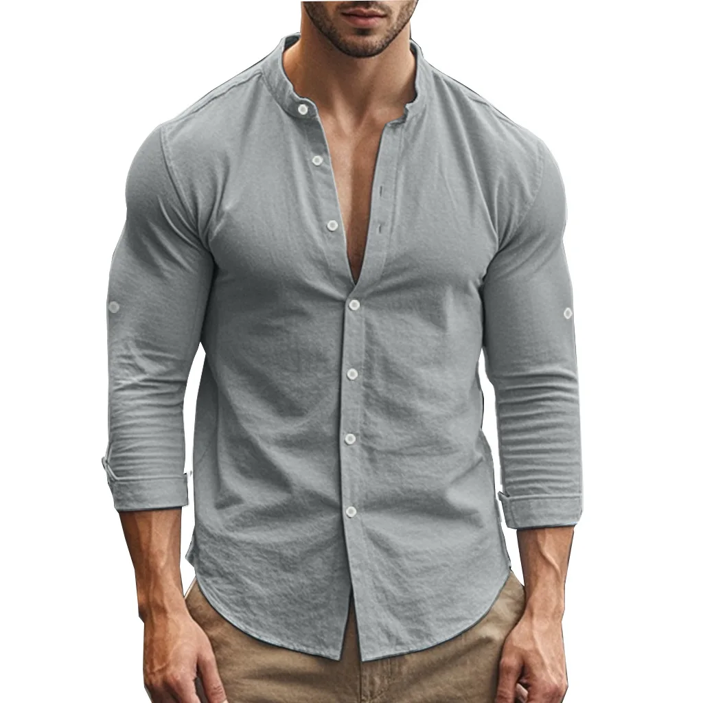 

Summer Autumn Men's Long-sleeved Shirt Stand-up Collar Loose Solid Color Top Single Breasted Button Shirts