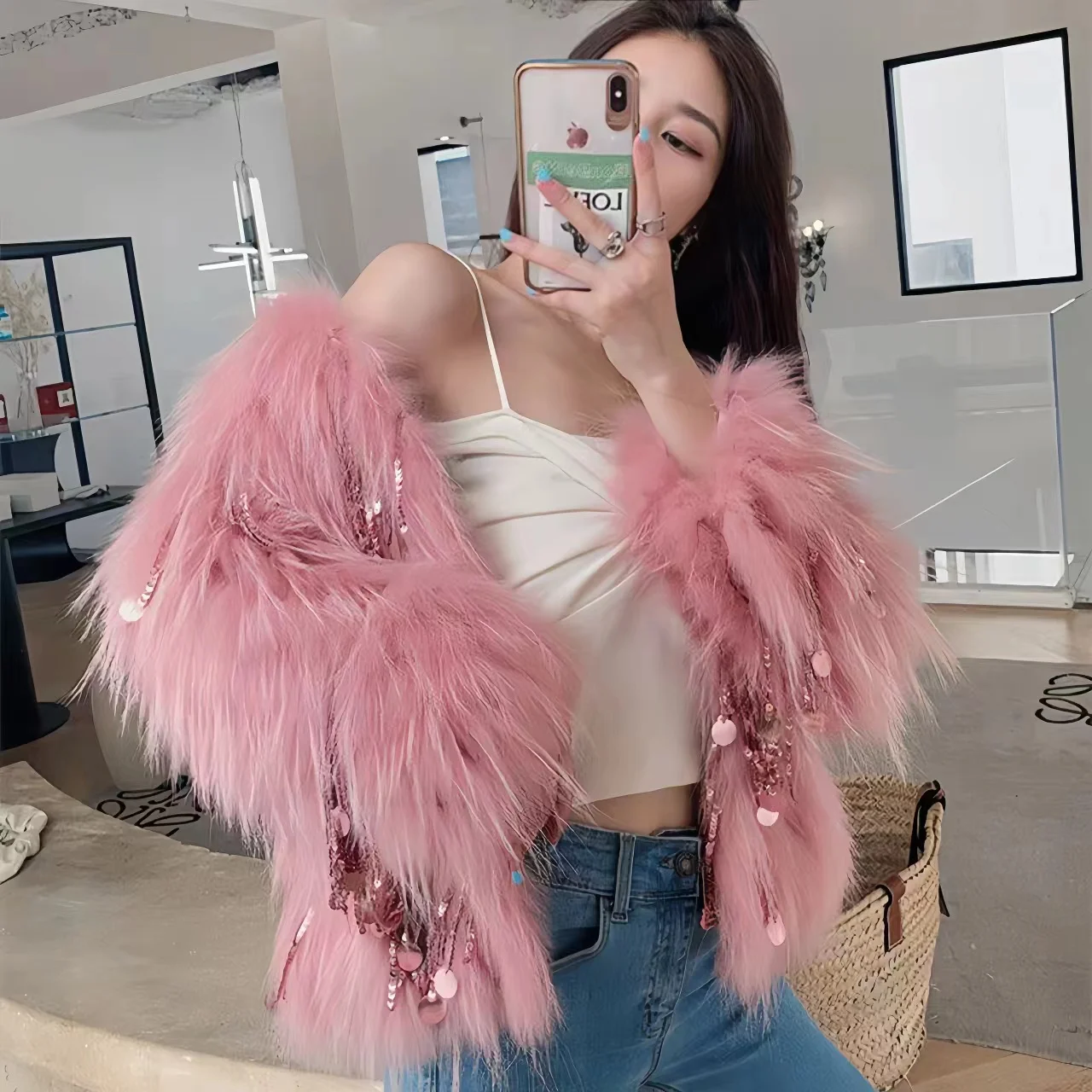 Faux Fur Coat for Women, Sequins Jacket, Loose Spliced Overcoat, Covered Button, Female Winter Coat, New