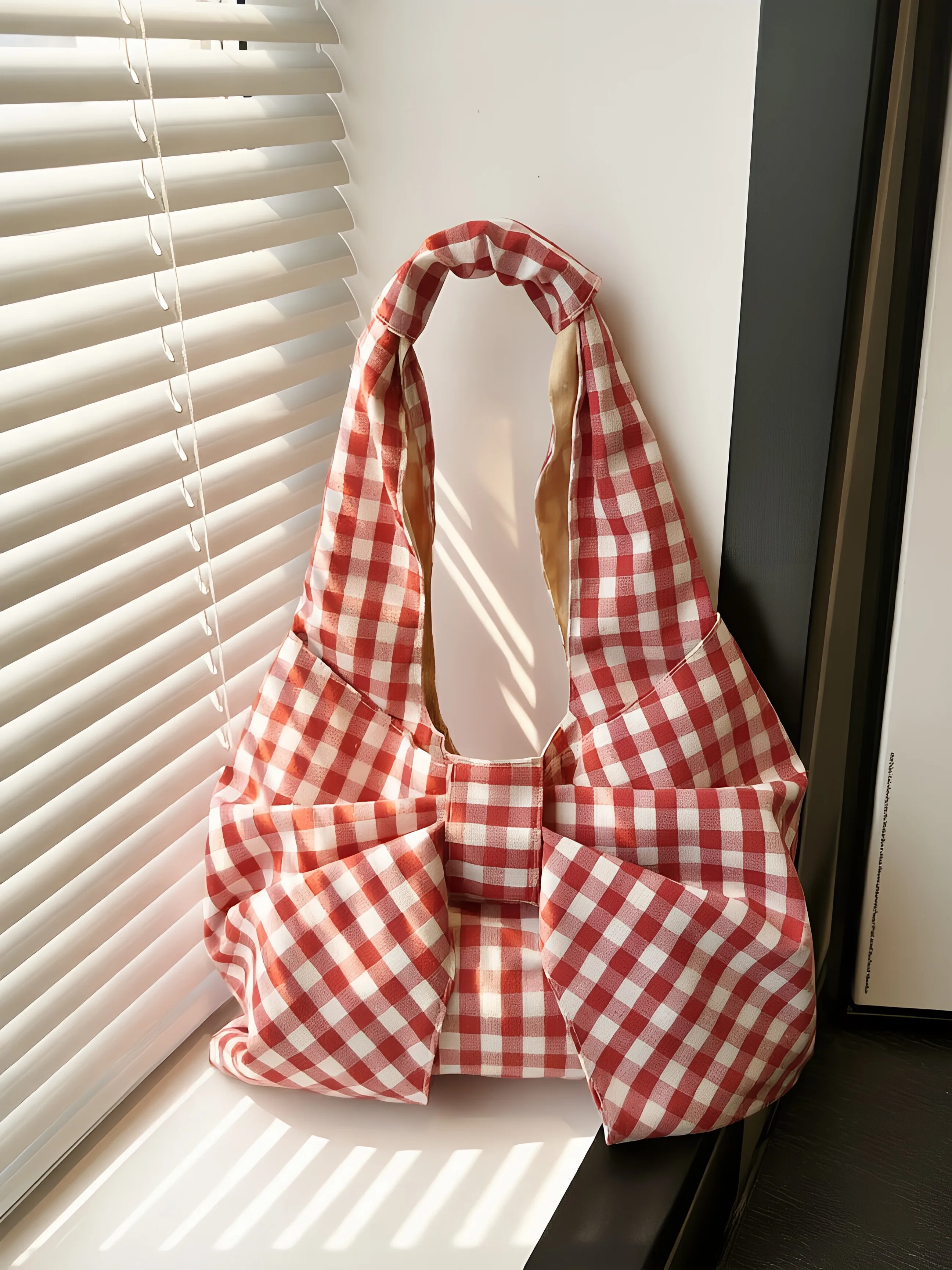 Hanfeng Retro Karierte Weste Rucksack Große Kapazität Einzelschultertasche Leichte Einkaufstasche Vielseitige Leinentasche – Detail 1
