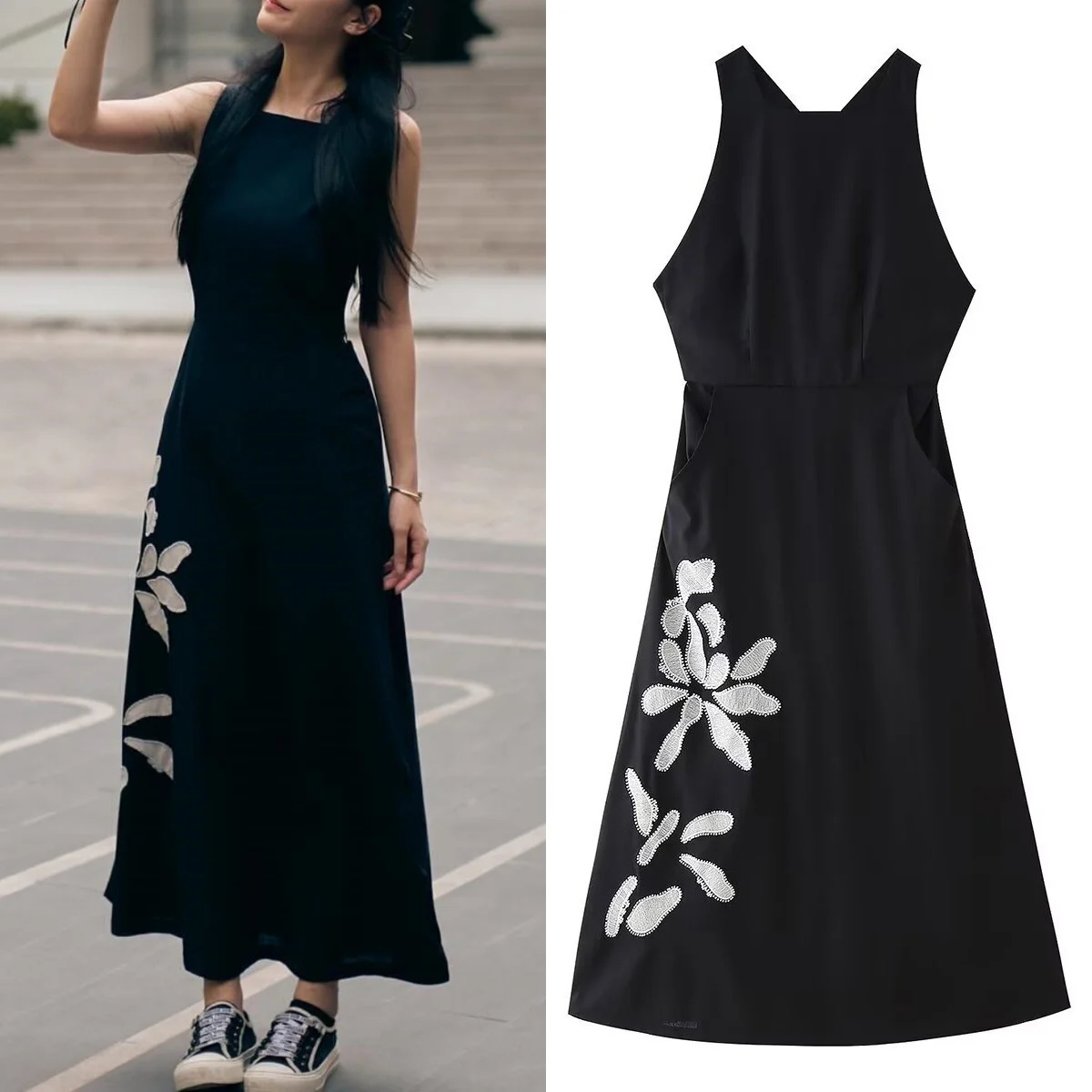  Women's Fashion Simple Black Embroidery Flowers Contrast Color Midi Dress Sleeveless Party Long Dress 2024 New Summer