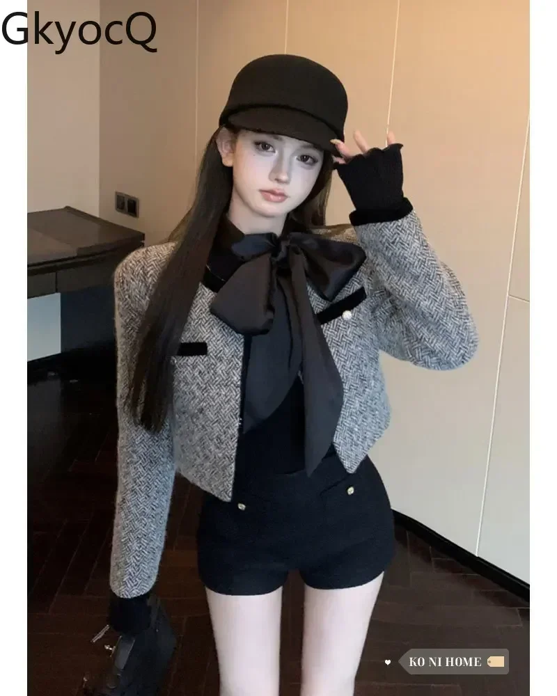 

GkyocQ French Luxury Three Piece Sets Outfit Winter New Gray Tweed Short Jacket Bow Tie Black Shirt + High Waist Hot Shorts Suit