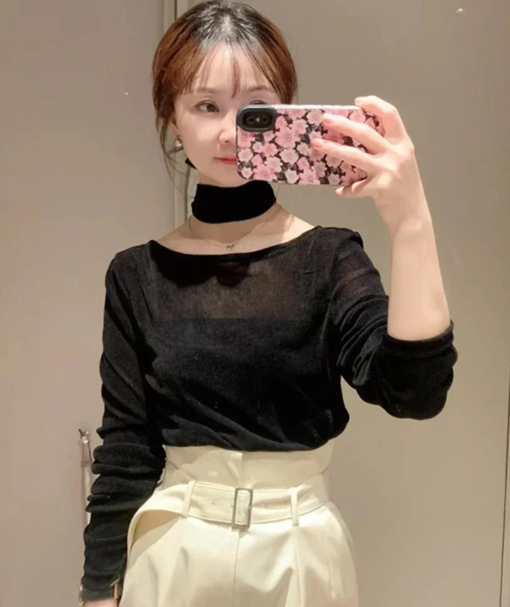 2024 Autumn See-through Lace-up Bottomed Tshirt O-neck Long Sleeve Elastic Slim Fit Pullover Tee Japan Style Chic Casual Top