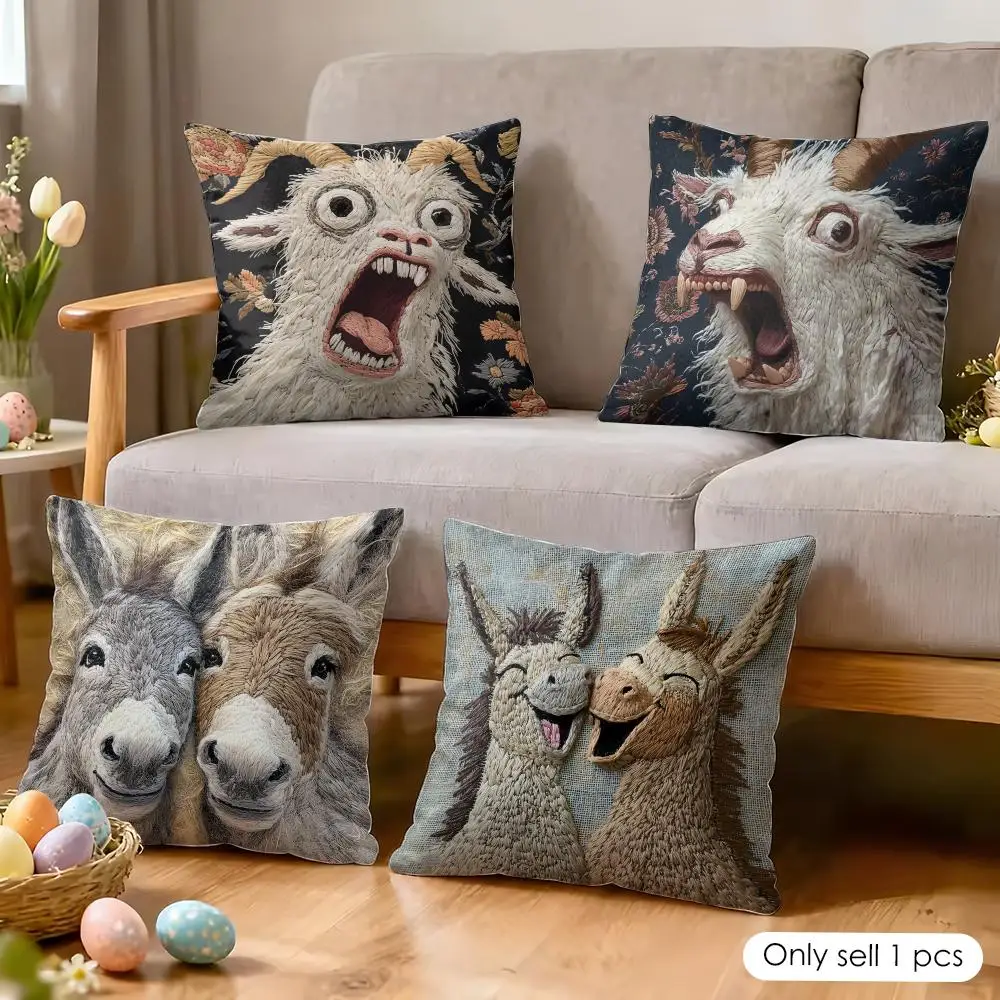 Spooky Goat Face 2D Cool Cushion Cover Short Plush Invisible Zipper Dustproof Sofa Pillow Case for Home Decor Throw Pillowcase