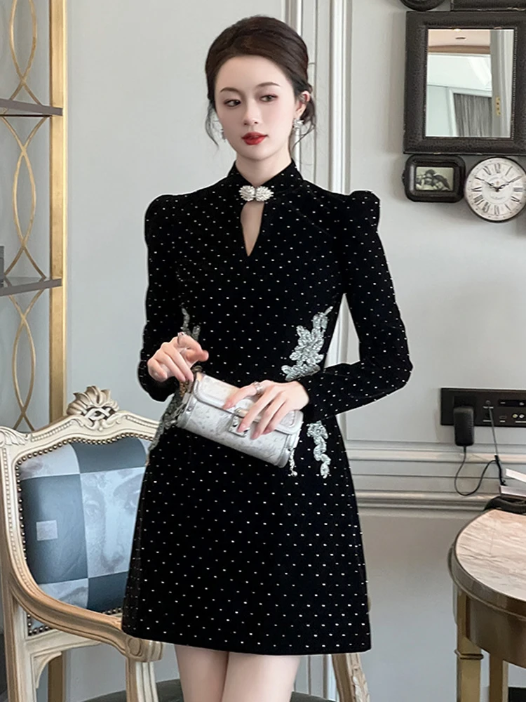 Women Clothes Chinese Style Black Stand Neck Slim Short Dress Elegant Luxury Lady Fashion Party Prom Vestido Formal Occasion New