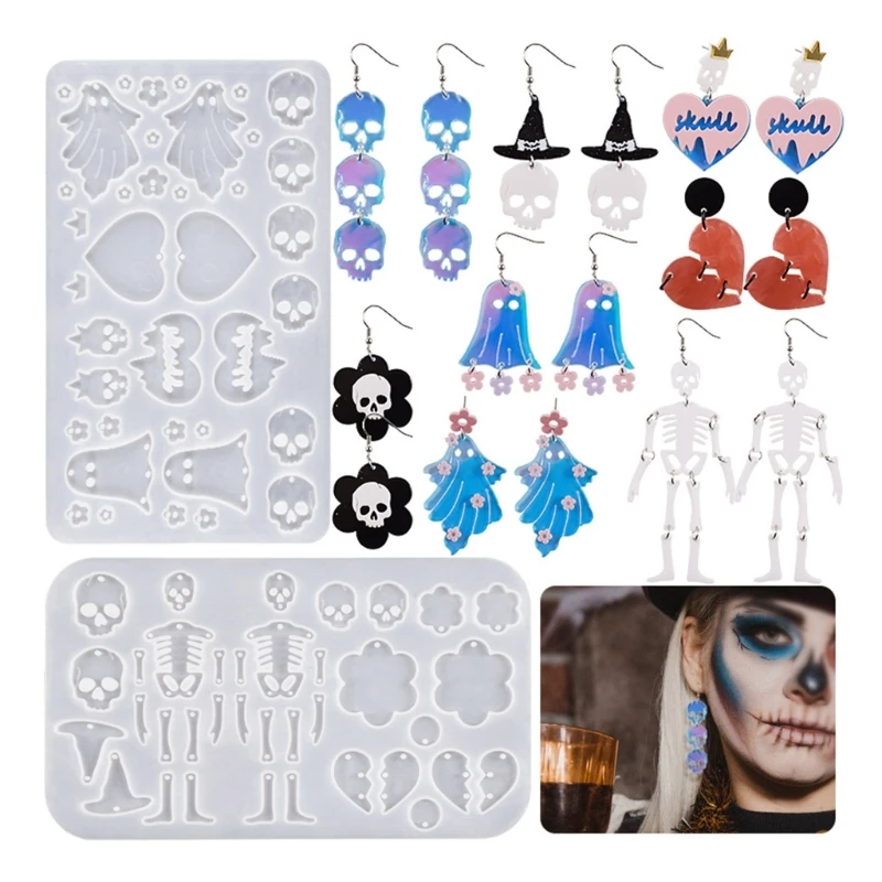 Halloween Geometric Skull Love Earring Epoxy Resin Silicone Mold Luggage Bag Tags Casting Molds with Hole for DIY Crafts