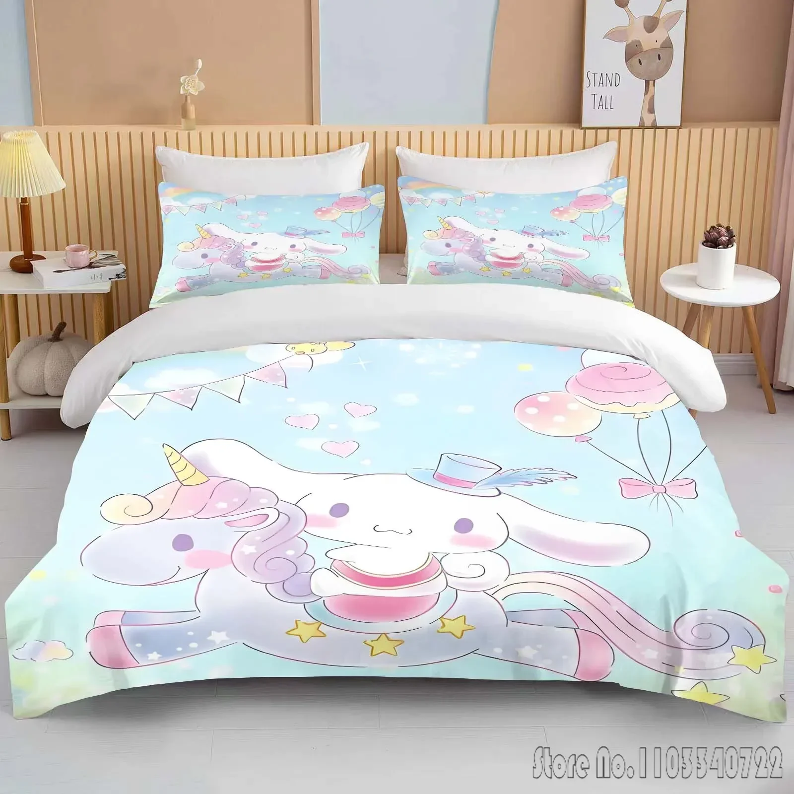 Kawaii Sanrio Cinnamoroll Printed Bedding Set Duvet Cover Anime Quilt Adult Kids Birthday Gift Full Size Comforter Bedding Sets