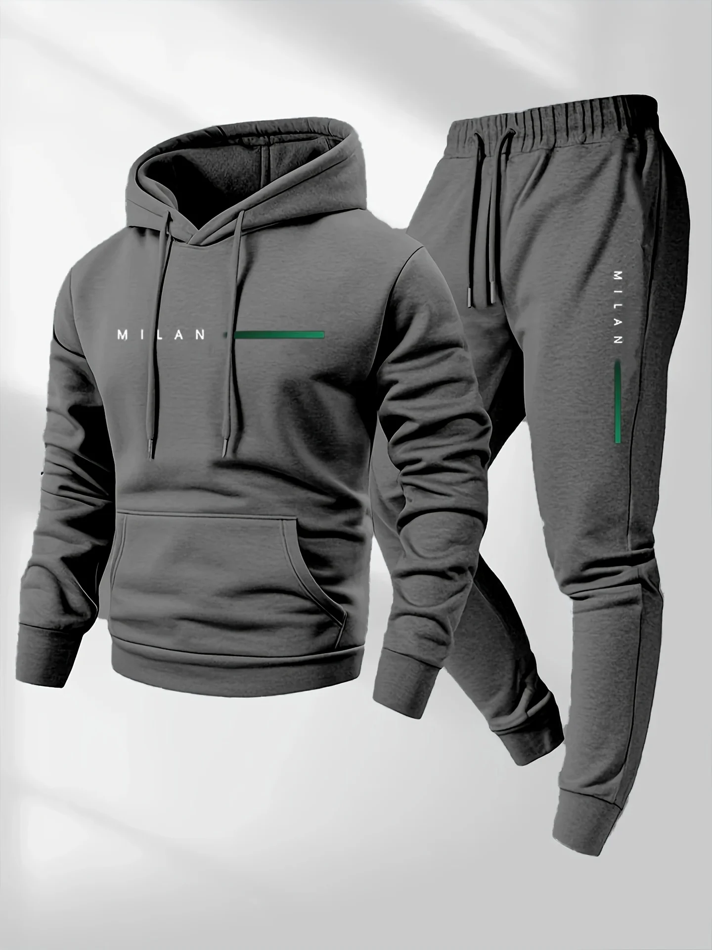 Unisex Hoodie & Jogger Pants 2 Piece Set Green Striped Print Casual Tracksuit Thick Warm Sports Suit For Daily Commute Jogging view 4