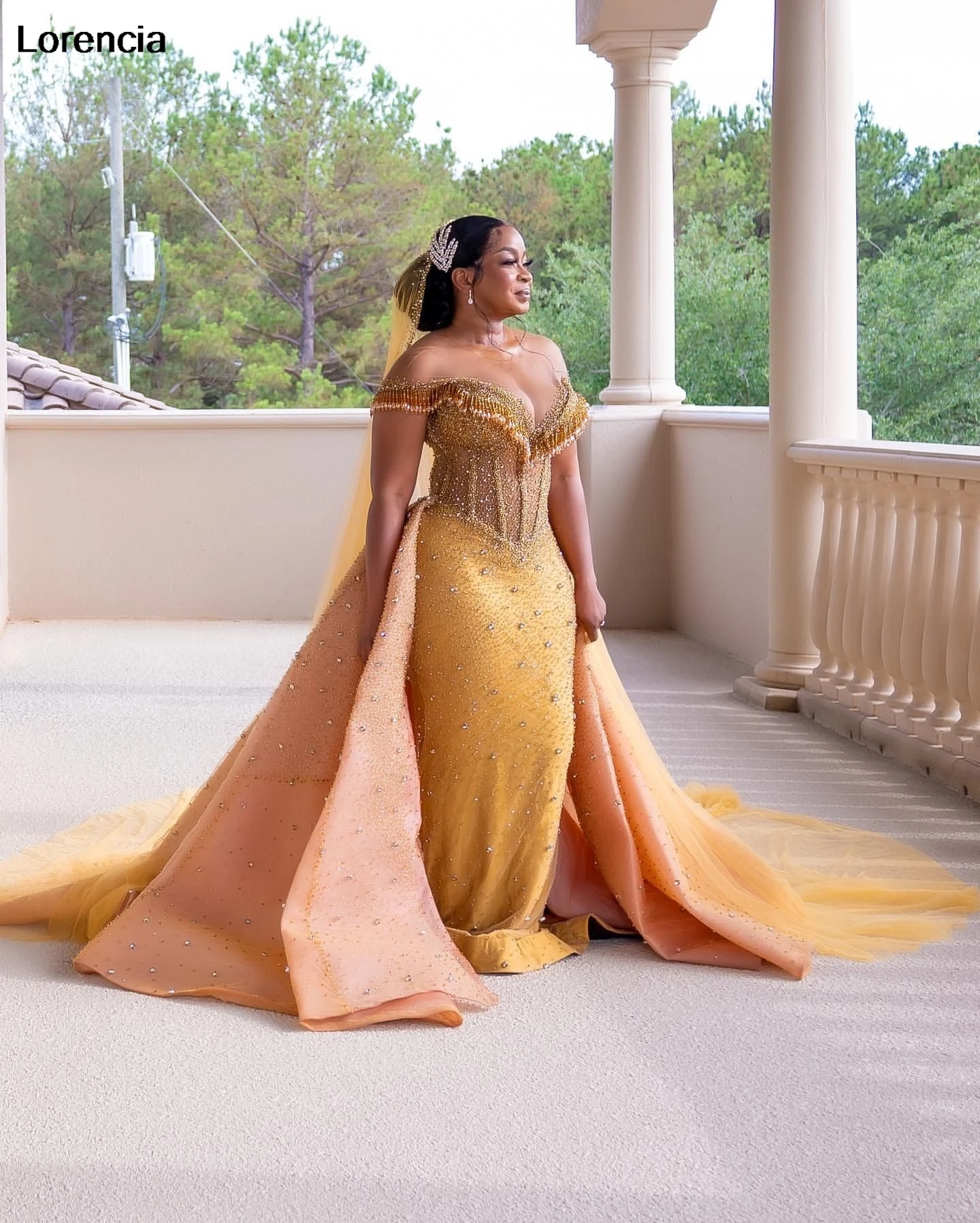 Maßgeschneidertes arabisches Aso Ebi Gold Meerjungfrau Abendkleid glänzende Perlen Kristall afrikanischer Tüll formelles Abendkleid Robe De Sorrie YPD350
