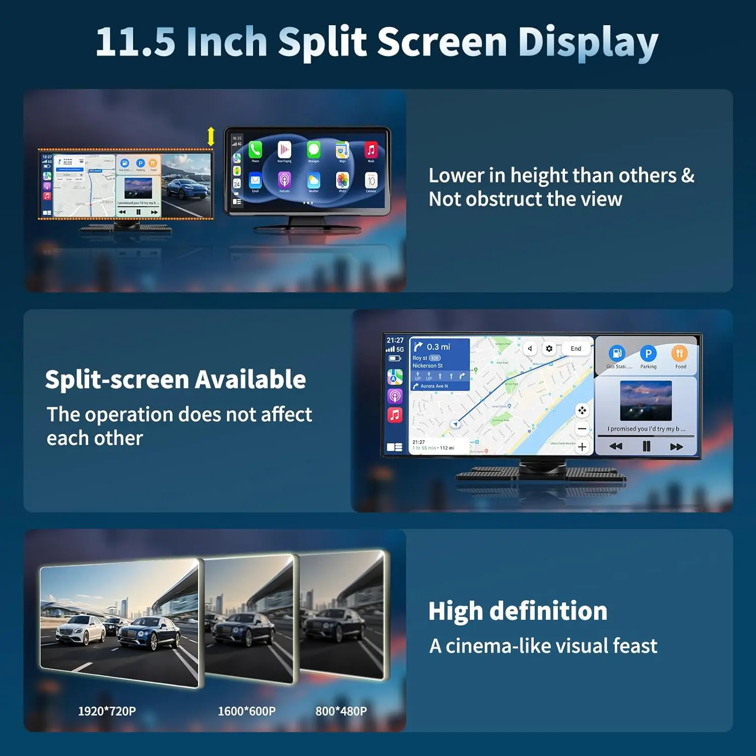 Schermo CarPlay da 11,5' con fotocamera 4K, Android Auto, controllo vocale, GPS, Bluetooth, fotocamera di backup
