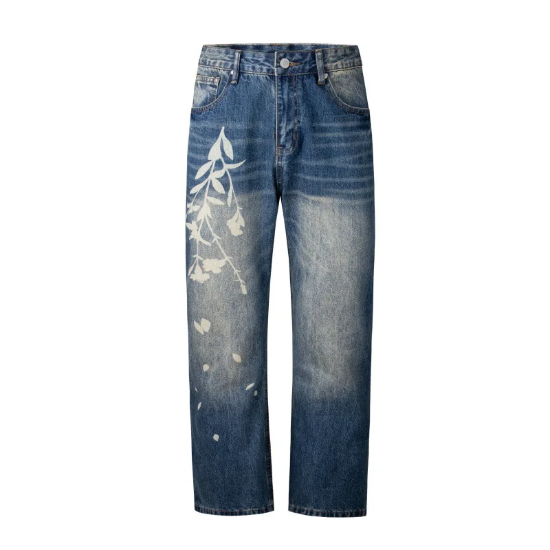 70S 90S New Flared Men'S Jeans Fashion Fashion Brand Printed Retro Loose Straight Leg Street Denim Trousers