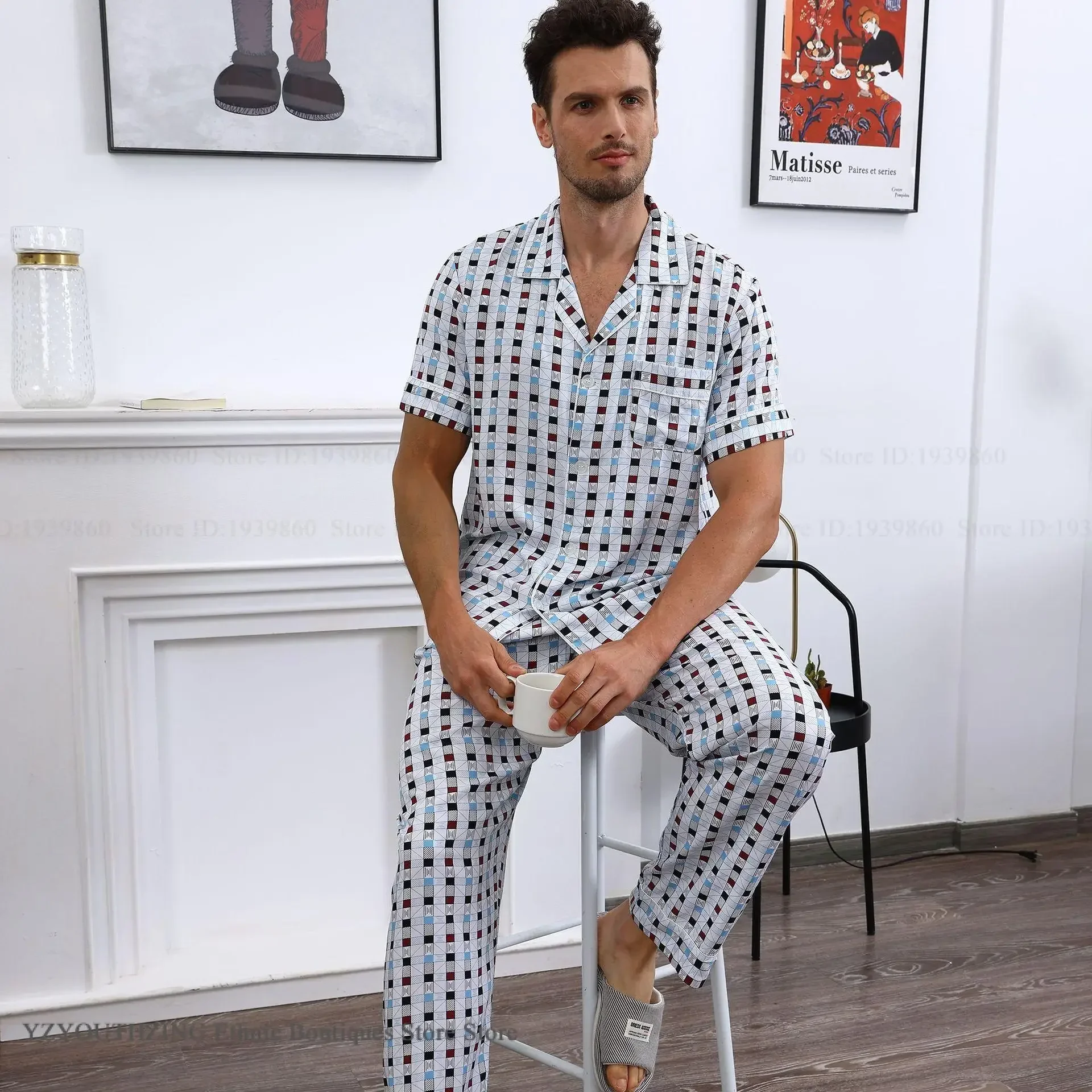 

Men's Plaid Pajamas Set Spring Summer New Short Sleeve Trouser Pijamas Suit Home Clothes Loose Casual Sleepwear Lounge Wear