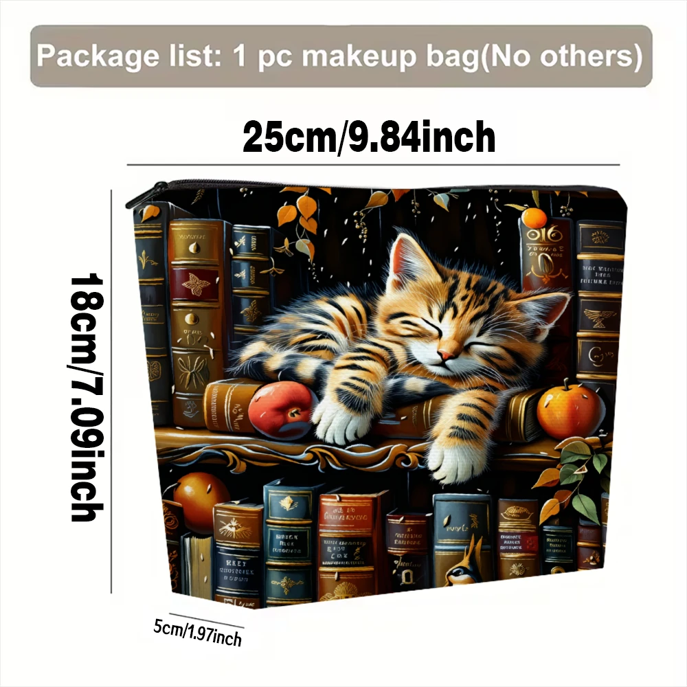 Sleeping Kitten Books Autumn Leaves Makeup Bags for Girls Cosmetic Pouch Toiletry Bag Pencil Case Travel Storage