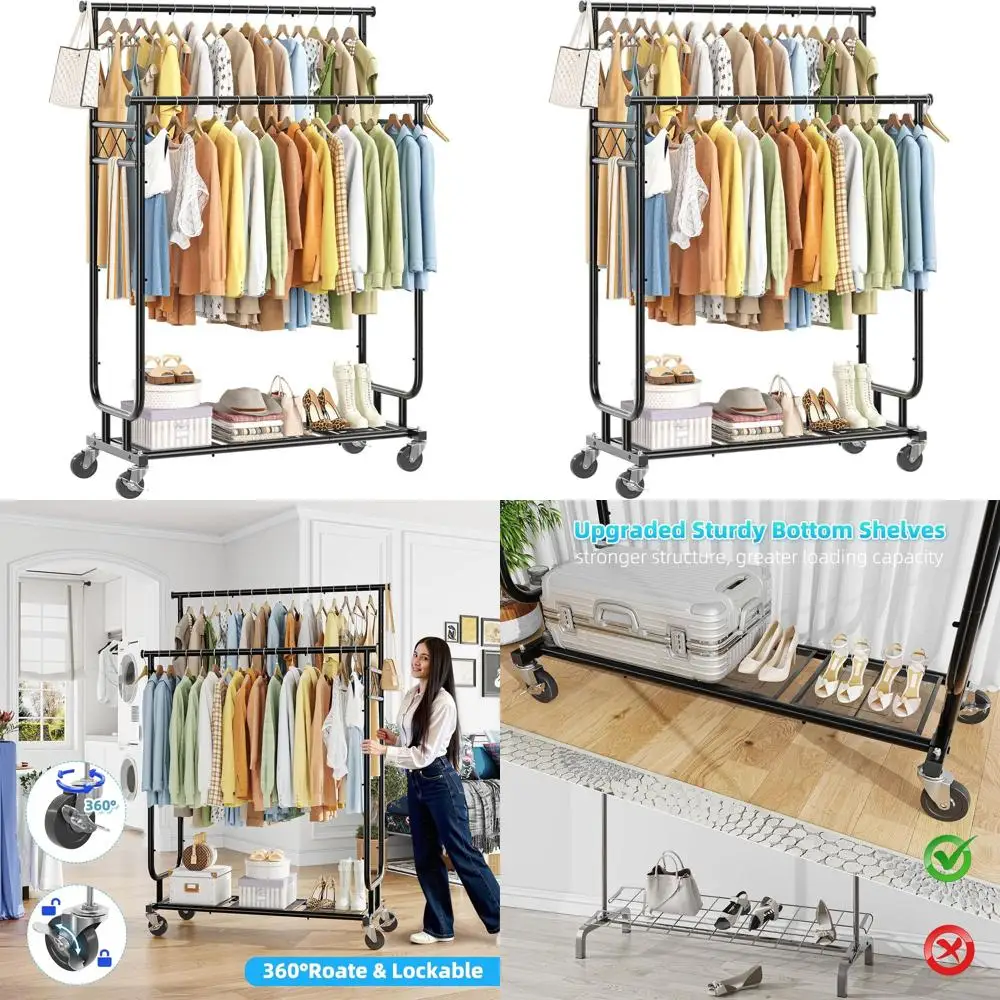 

Прочная вешалка для одежды на колесиках и полках емкостью 450 фунтов, черная