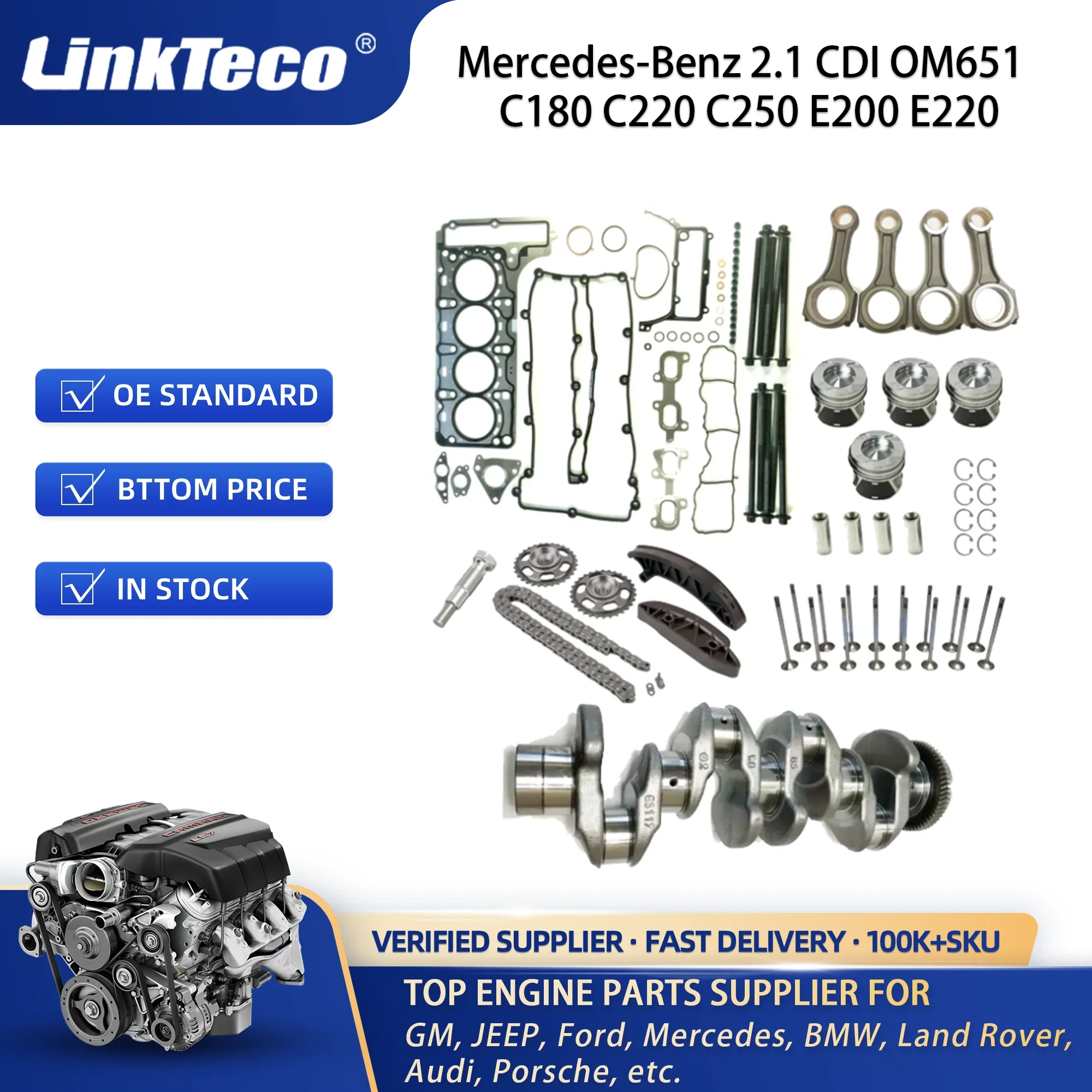 TIMING CHAIN KIT HEAD GASKET Valve Piston With Ring Connecting rod Crankshaft SET BOLTS CDI OM651 For Merce des-Benz 2.1 C180