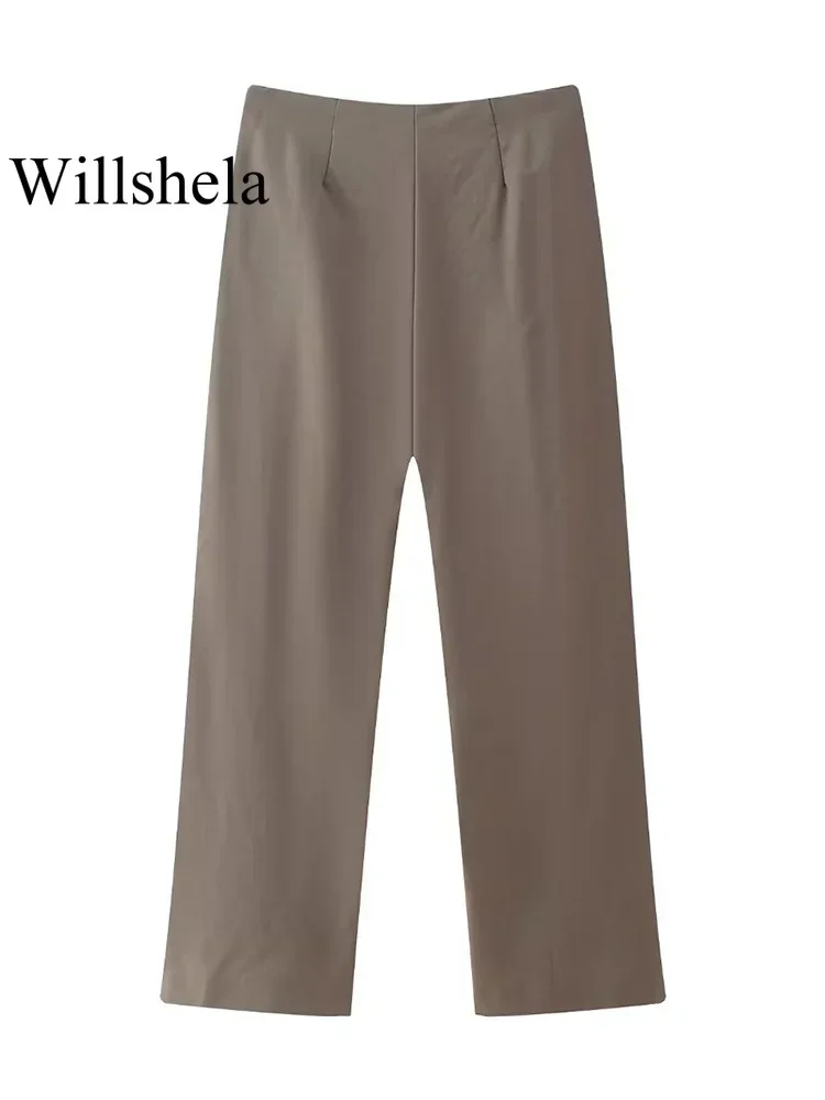 Willshela Women Fashion Two Piece Set Brown Pleated Halter Neck Tops & Straight Pants Vintage Female Chic Lady Pants Suit