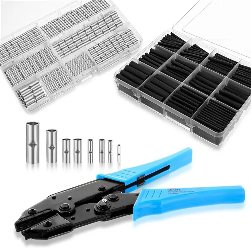 ABUP-Uninsulated Butt Connector Kits Wire Butt Splice Connectors,Heat Shrink Tubing Kits Wire Crimping Tool For 26 To 6 Gauge